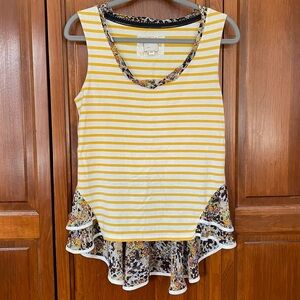 Anthro Postmark Yellow and White Striped Tank Floral Ruffle Size Medium